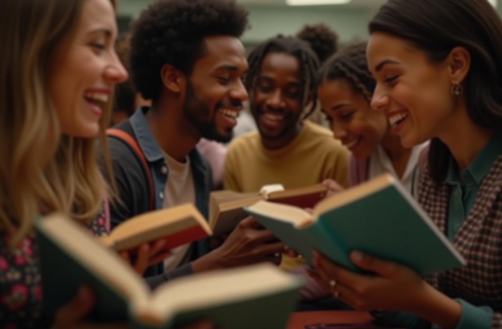 Imagem de pessoas diversas lendo livros juntas, simbolizando comunidade e acesso.